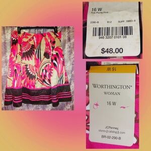 Worthington brand Pink/Cream/Multicolor Floral A-Line Satin Skirt Sz 16W